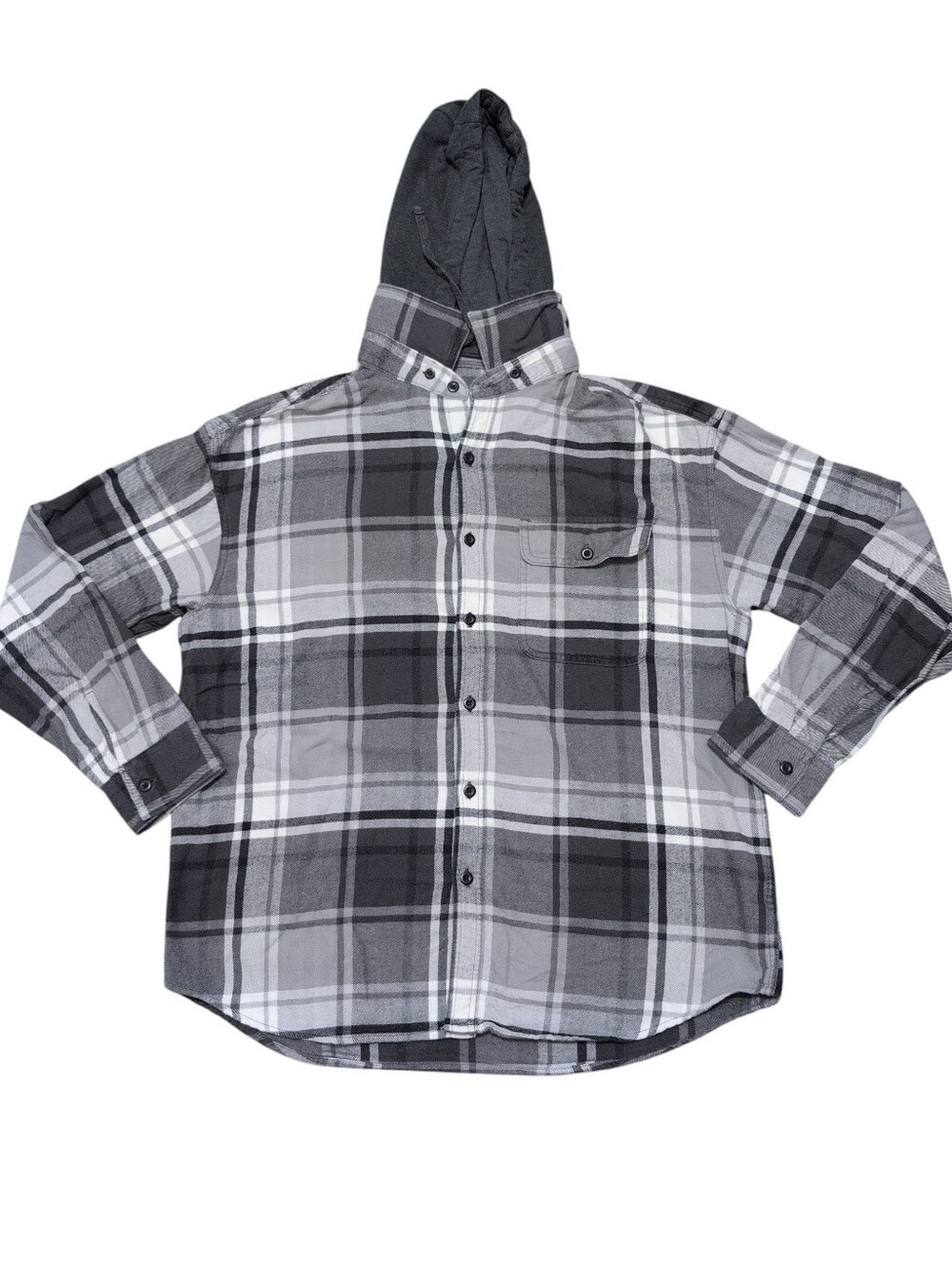 American Eagle Super Soft Hoodie Flannel Plaid Black Gray Men's Large Buttons